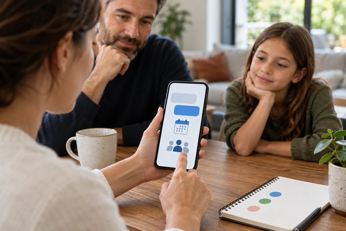 Une femme montre sur son téléphone des bulles, un calendrier et une icône de réunion à un homme et une enfant.
