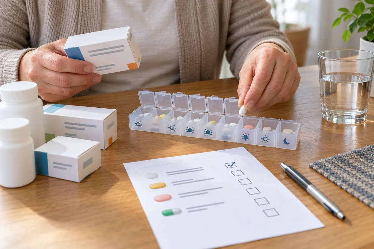 Des mains remplissent méthodiquement un pilulier à partir d’une boîte neutre et d’une liste de contrôle.