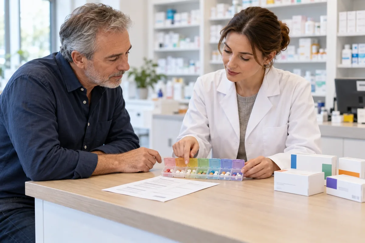 Une pharmacienne vérifie avec un patient un pilulier ouvert, une ordonnance et plusieurs boîtes neutres.