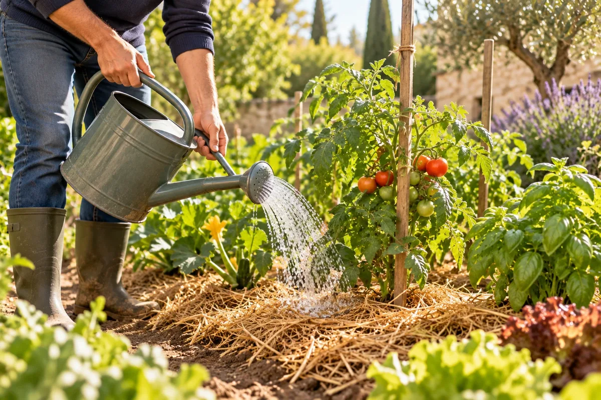 Personne arrosant au pied des plants d'un potager pailléé
