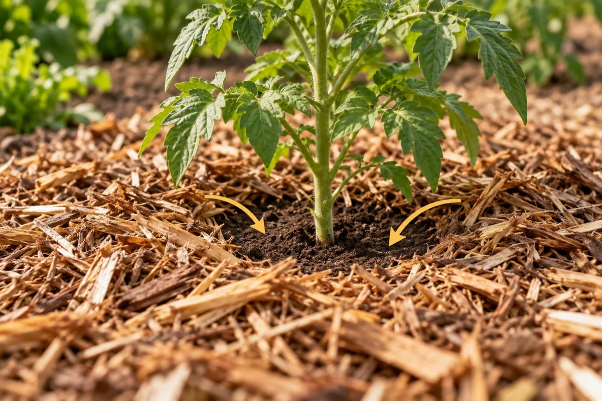 Paillage organique disposé autour d'un plant de potager
