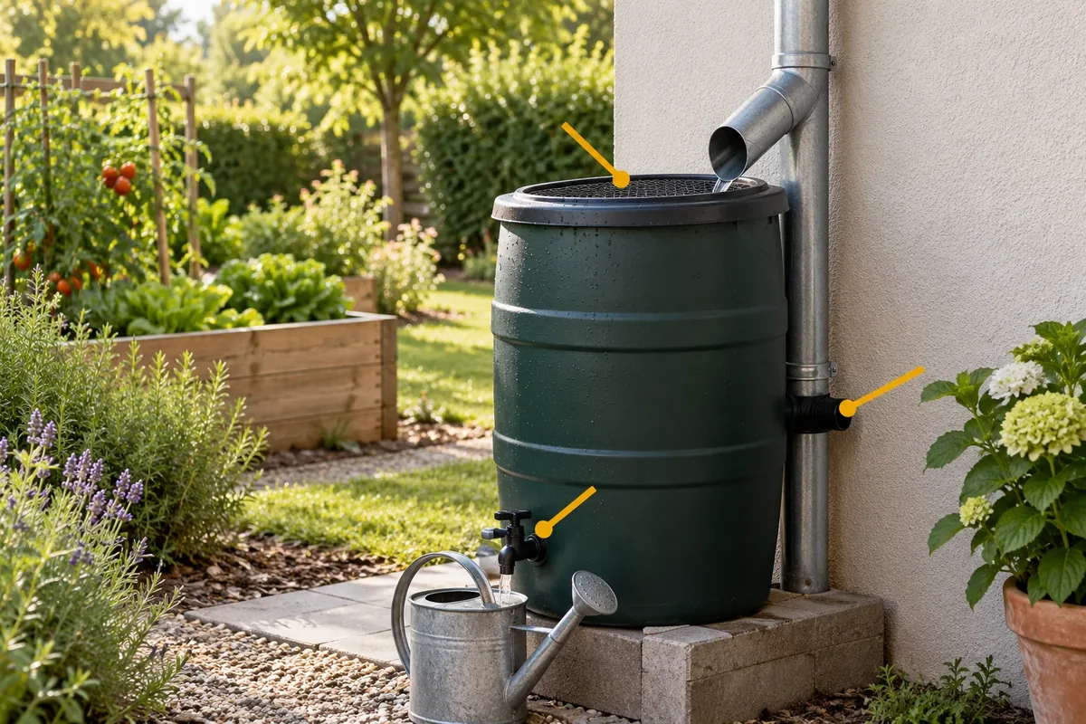 Fût de récupération d'eau de pluie installé sous une gouttière