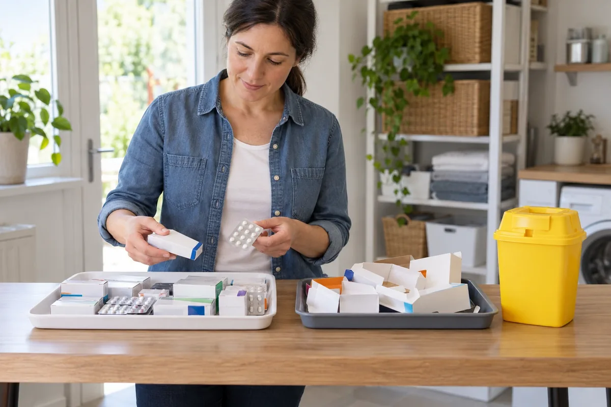 Une femme sépare des médicaments et des emballages sur deux plateaux, près d’un collecteur fermé.