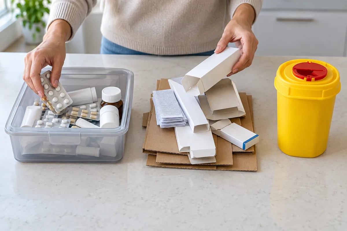 Des médicaments, des emballages en carton et un collecteur fermé sont disposés en trois groupes distincts.