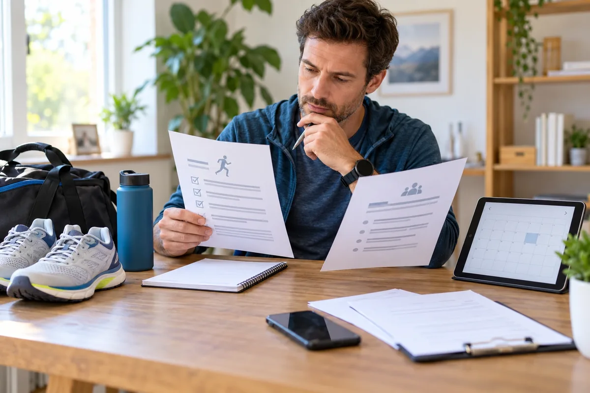 Un homme compare deux formulaires sportifs à côté de chaussures, d’un sac et d’un calendrier sur tablette.