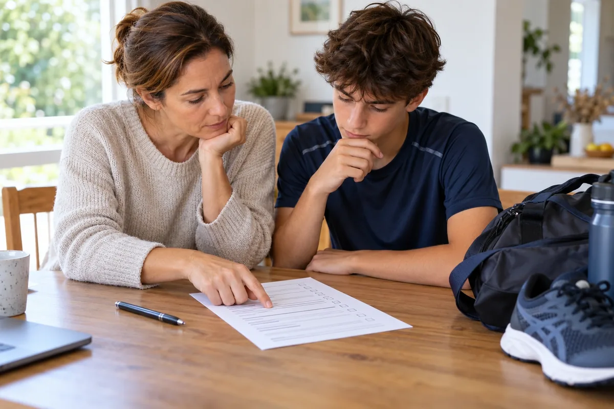 Une mère et un adolescent examinent ensemble un questionnaire de santé près d’un sac et de chaussures de sport.