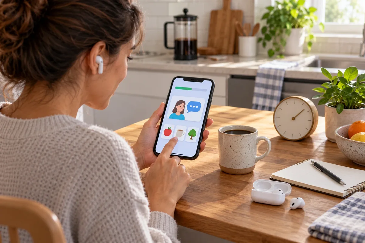 Une femme utilise une application de langue près d’un café, d’une horloge, d’écouteurs et d’un carnet.