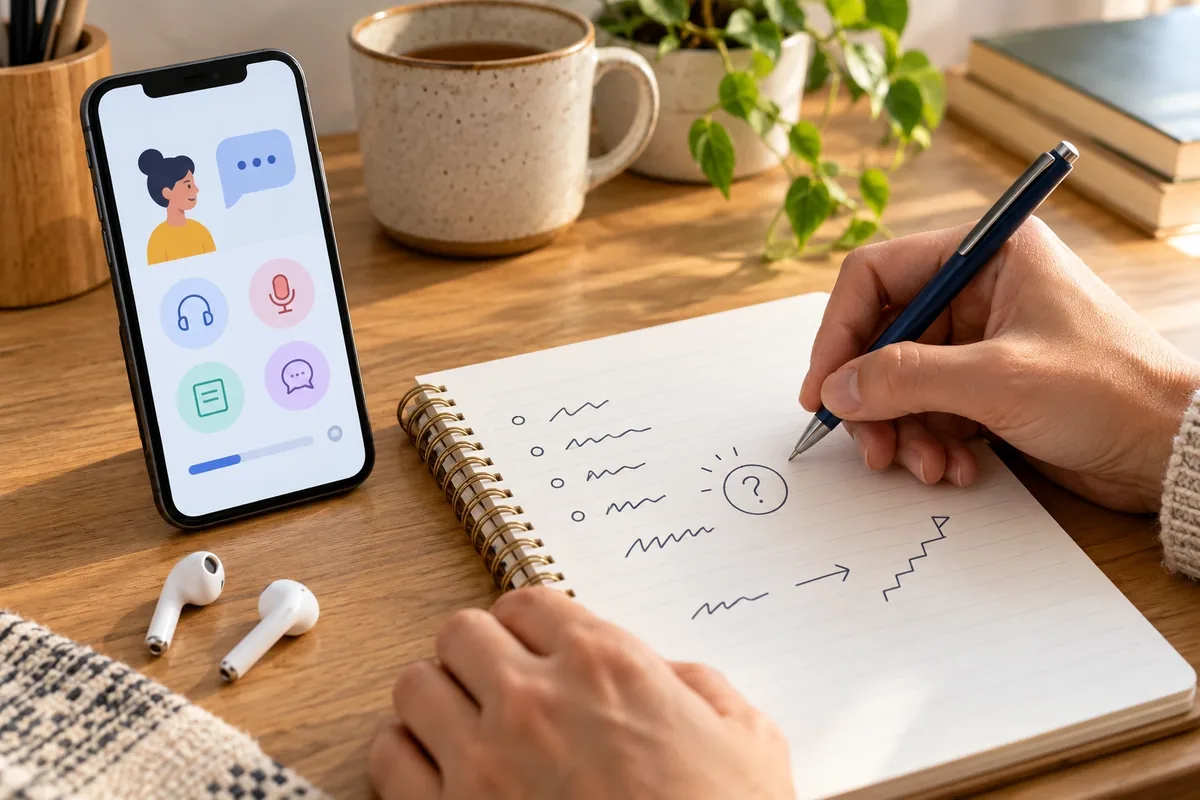 Une personne note des repères abstraits, une difficulté et une prochaine étape à côté d’une application de langue.