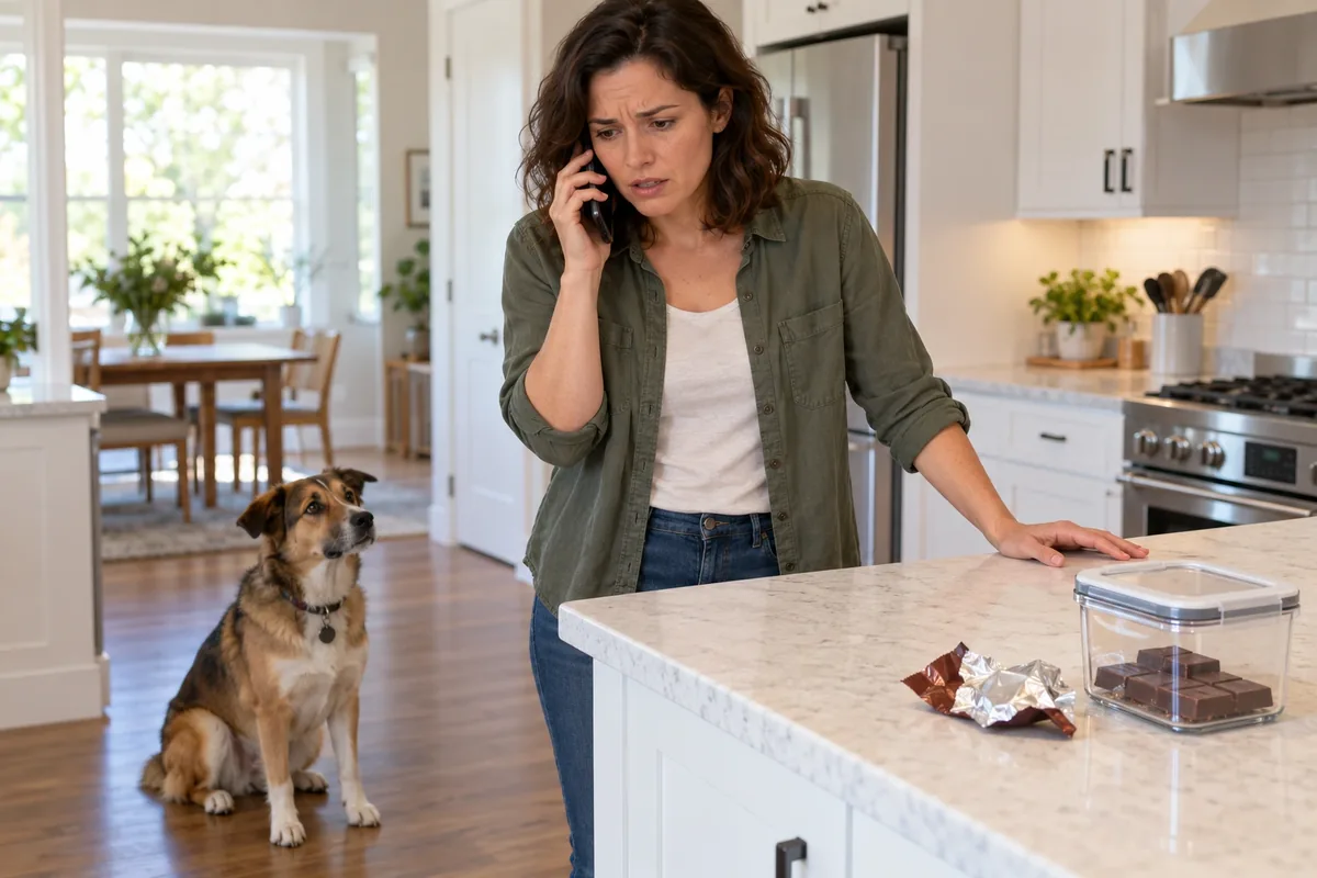 Une femme appelle un vétérinaire tandis que son chien reste loin du chocolat conservé sur le plan de travail.