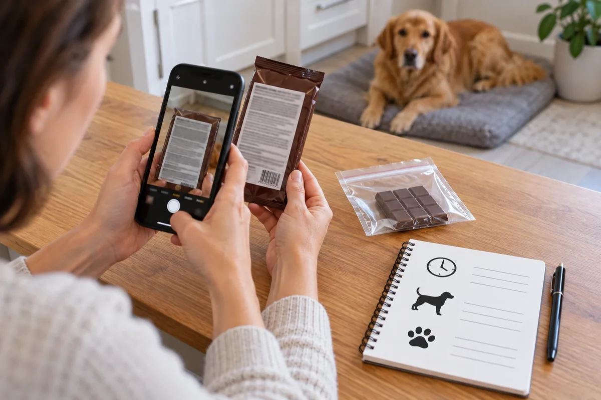 Une femme photographie un emballage de chocolat et prépare des notes pendant que son chien reste sur son tapis.