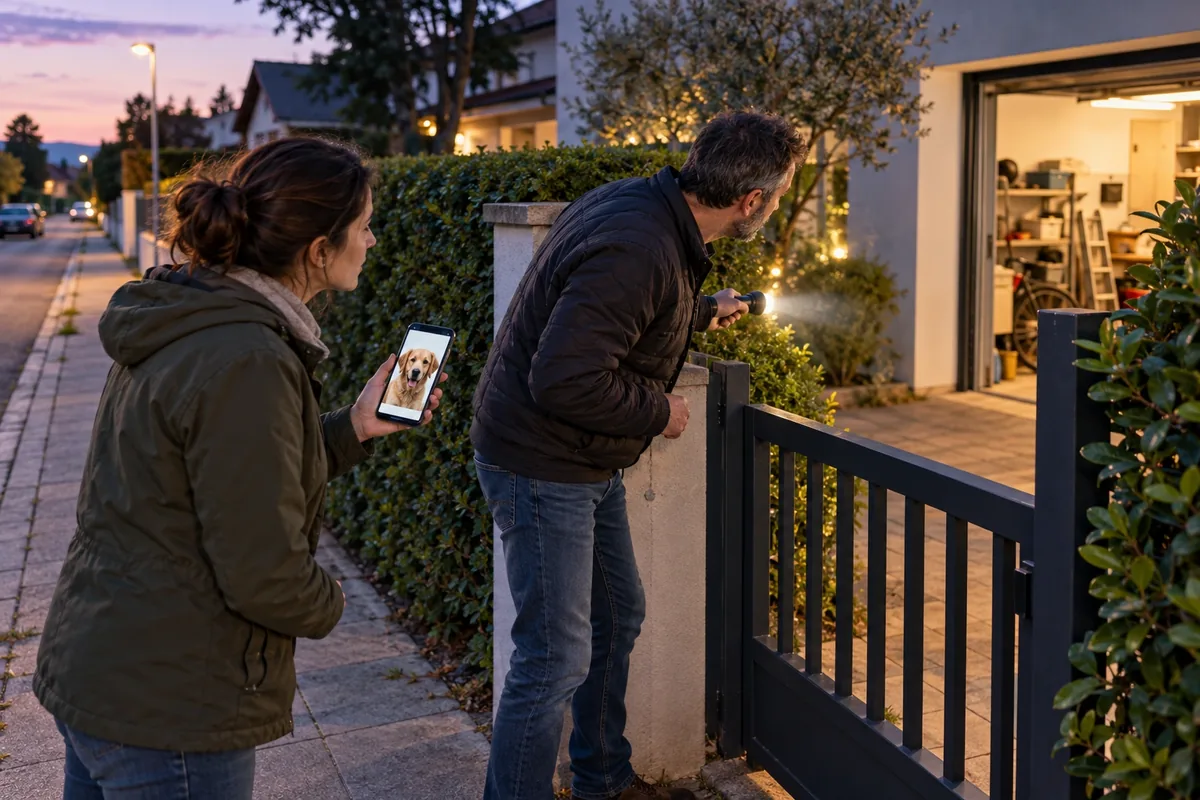 Deux adultes cherchent un chien près d’un portail et d’un garage en utilisant une photo récente et une lampe.