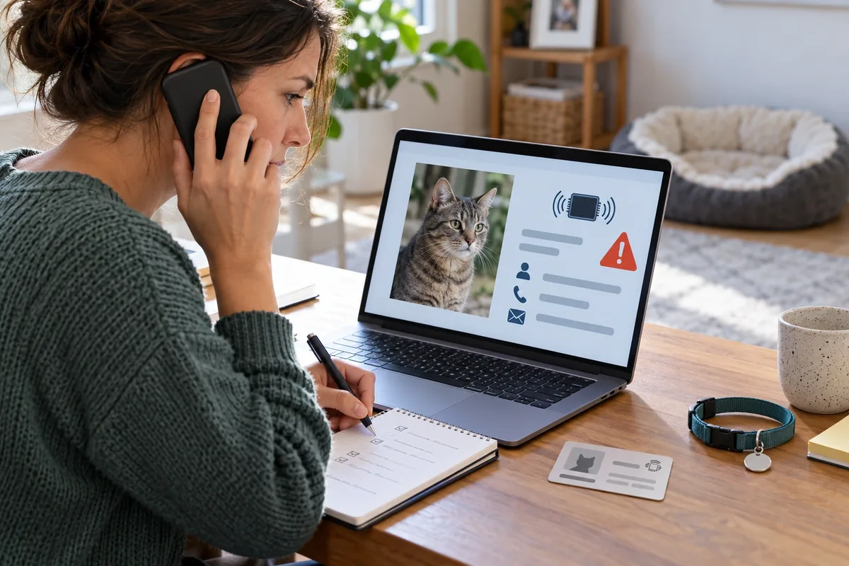 Une femme signale un chat perdu par téléphone et vérifie une fiche d’identification sur un ordinateur.