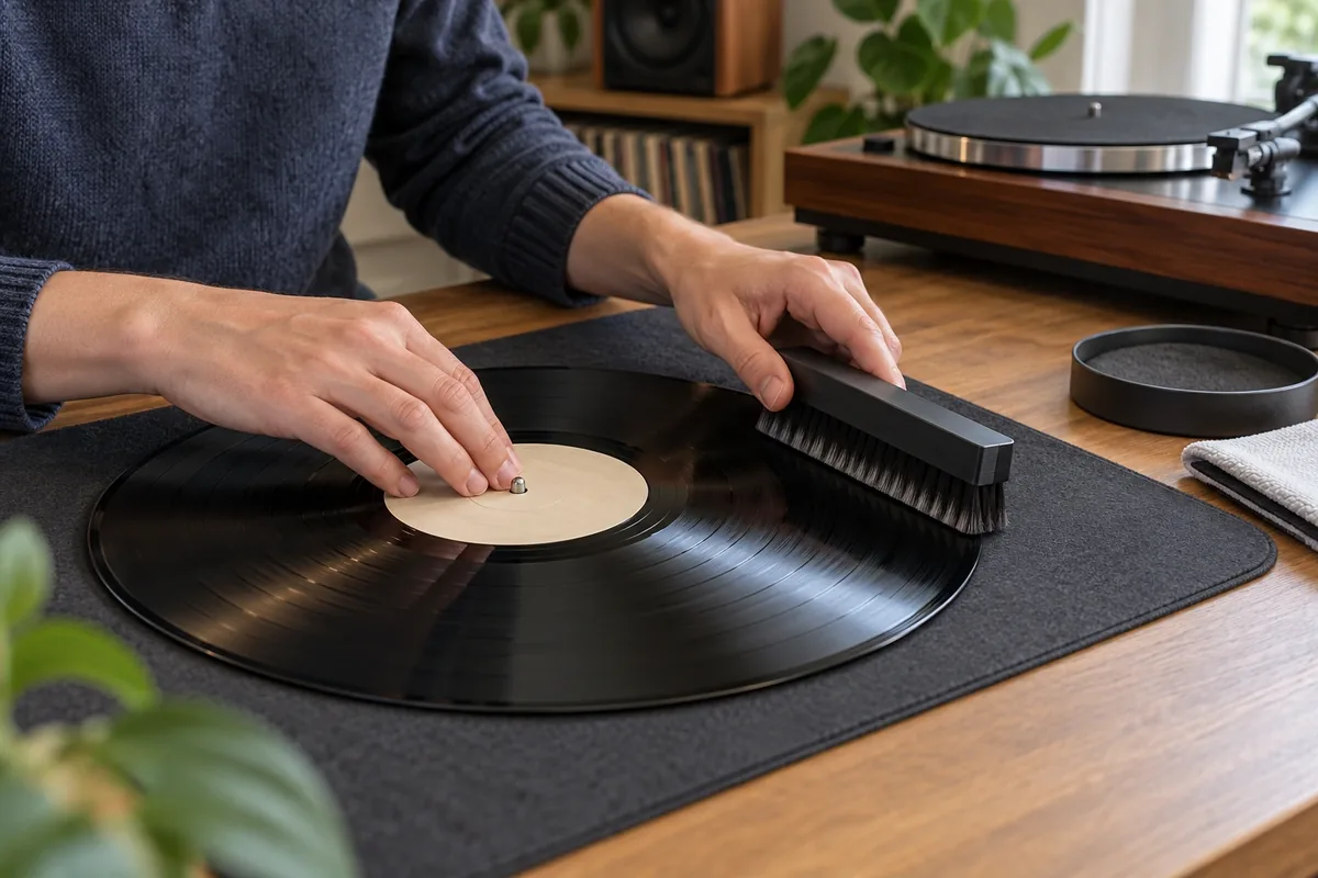 Des mains dépoussièrent un disque vinyle posé à plat, avec une brosse douce guidée le long des sillons.