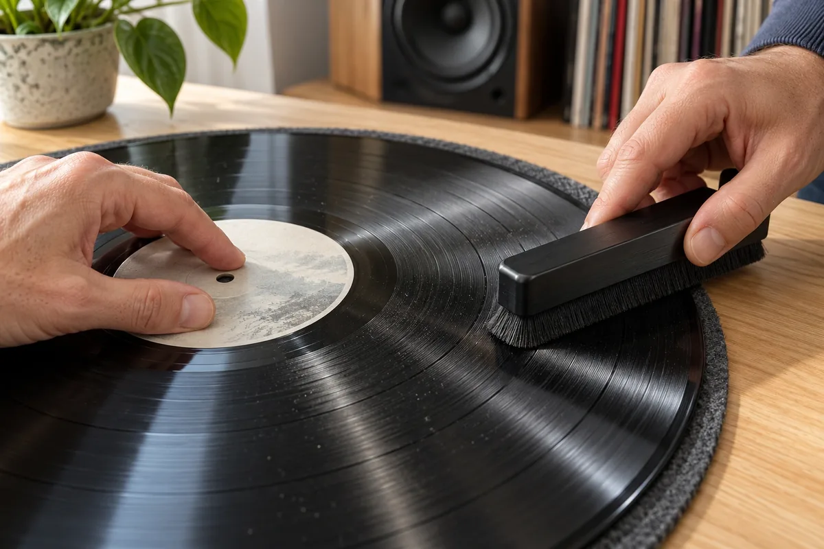 Une main maintient le centre d’un vinyle pendant qu’une brosse douce suit légèrement les sillons poussiéreux.