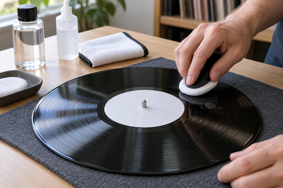 Une main nettoie localement une trace sur un vinyle avec un tampon doux, en gardant l’étiquette centrale sèche.