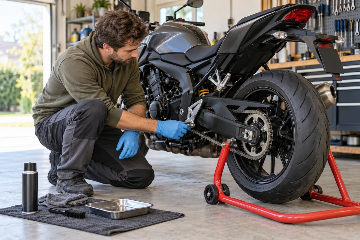 Un homme ganté inspecte la chaîne d’une moto immobilisée sur une béquille d’atelier dans un garage.