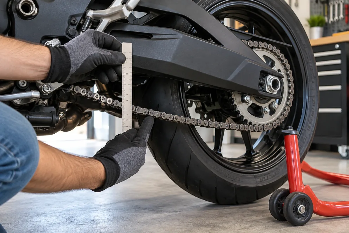 Deux mains gantées soulèvent la chaîne d’une moto près d’une règle, la roue étant maintenue sur une béquille.