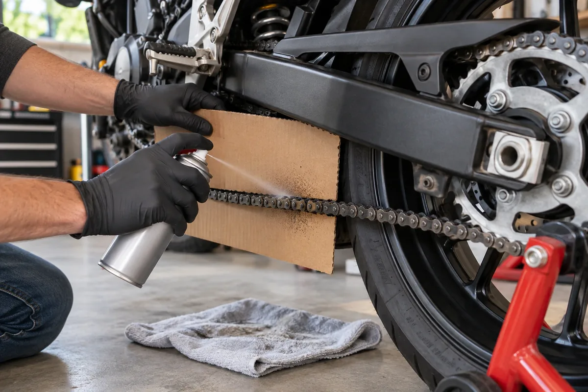 Une main gantée pulvérise du lubrifiant sur une chaîne de moto, protégée du pneu par un carton.