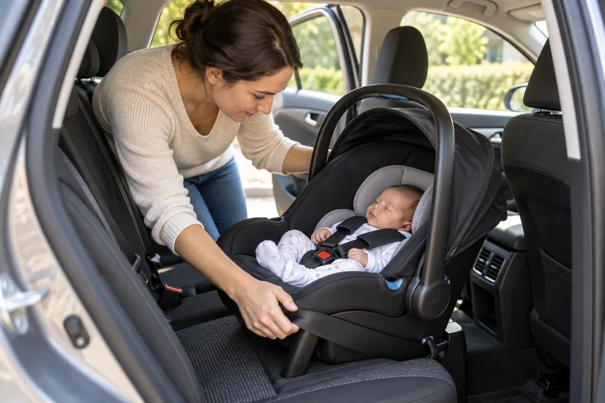 Une mère vérifie un siège auto dos à la route où un nouveau-né repose avec son harnais attaché.