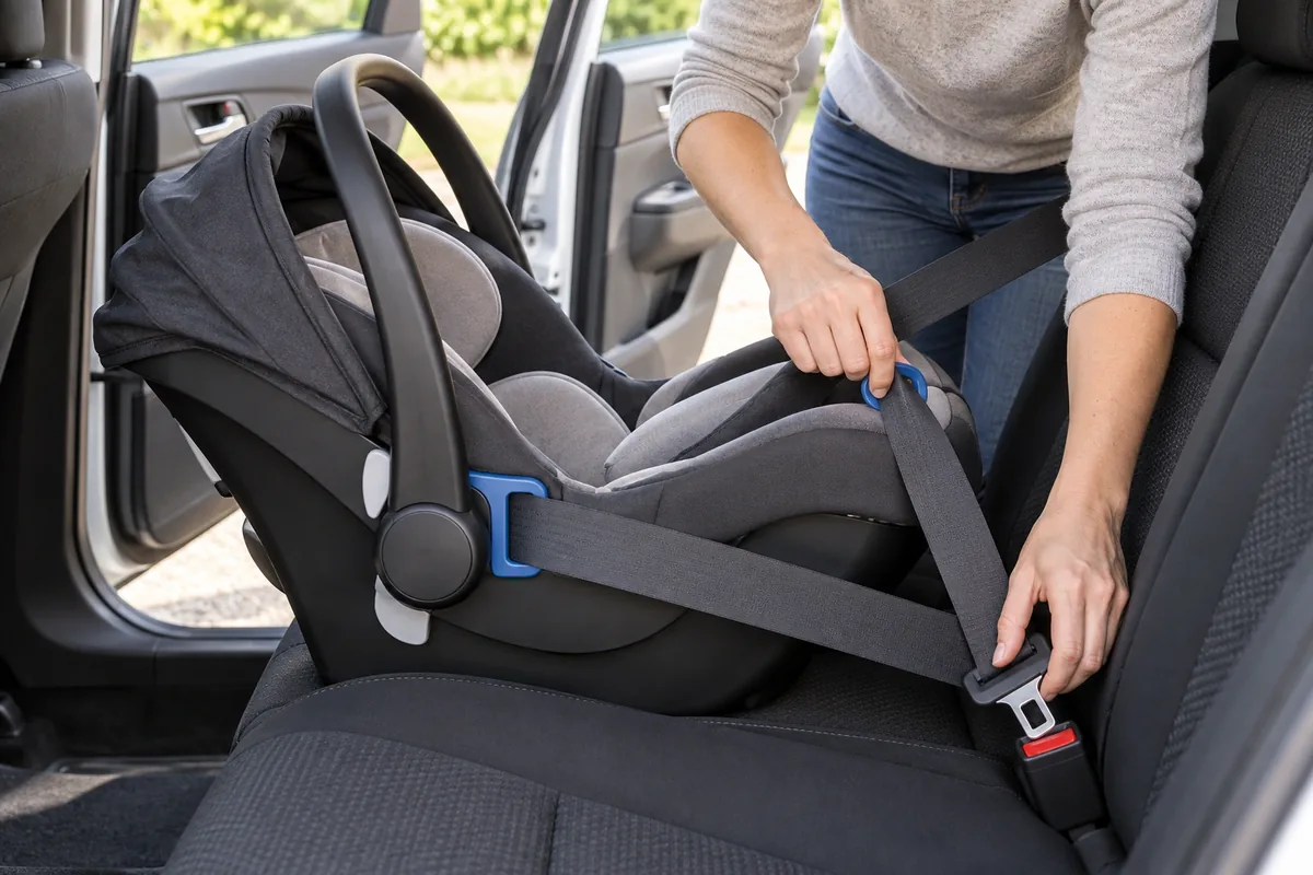 Une femme fait passer une ceinture plate dans les guides d’un siège auto vide installé dos à la route.