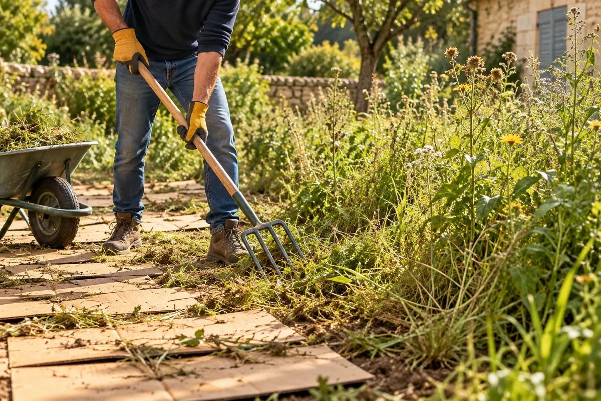 Jardin en cours de reprise, zone couverte de carton à côté d'une zone envahie