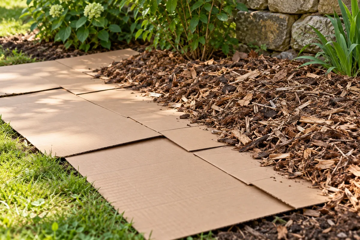 Carton brun chevauchant recouvert de matière végétale sur une zone de jardin