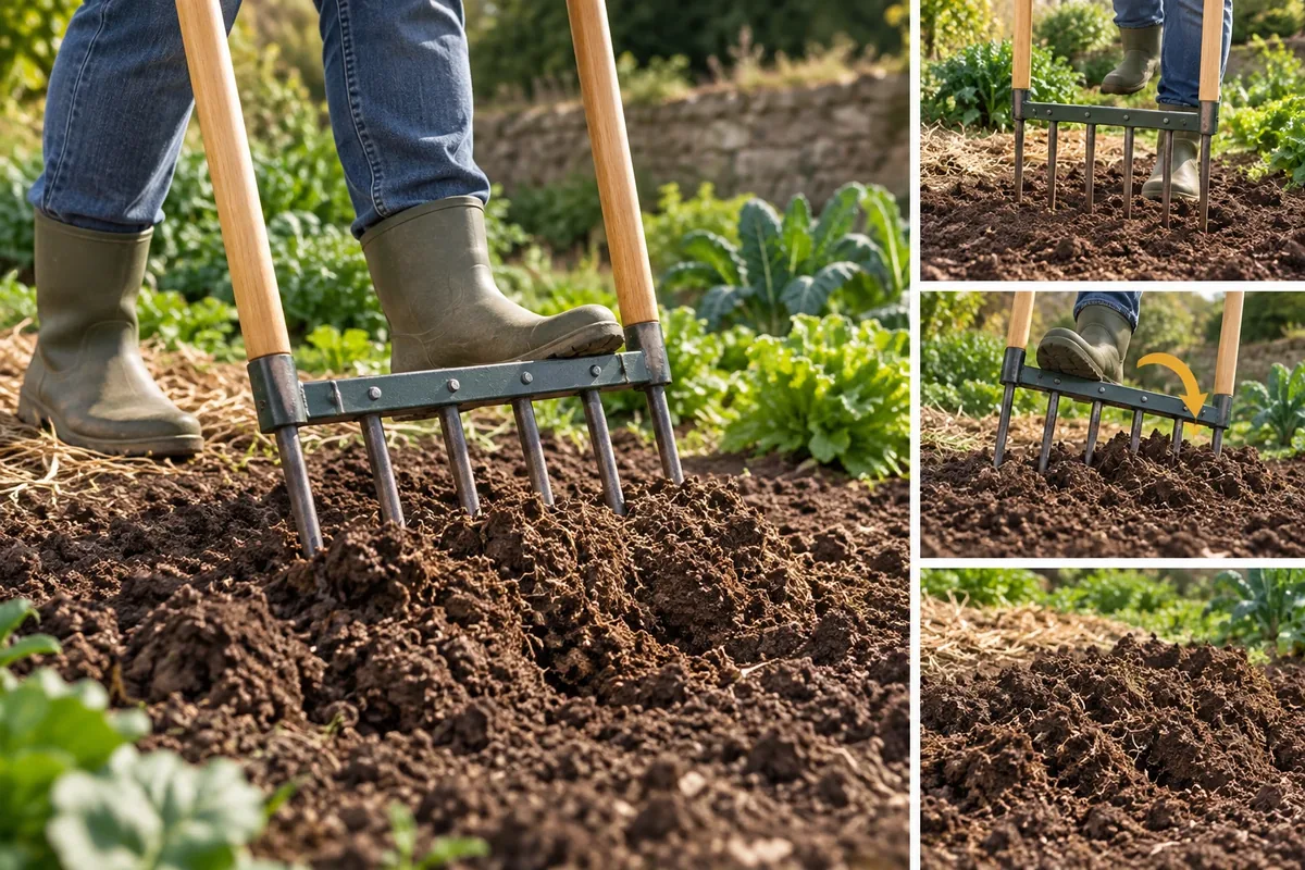 Utilisation d'une grelinette pour aérer le sol sans inverser les couches