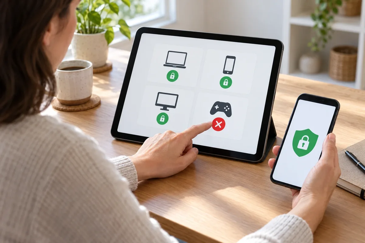 Une femme retire sur une tablette un appareil inconnu signalé par une croix rouge, téléphone en main.