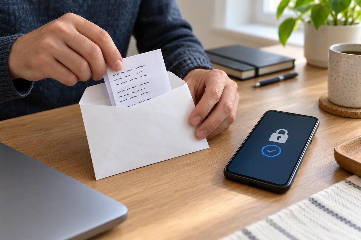 Des mains rangent une feuille de codes illisibles dans une enveloppe, près d’un téléphone avec un cadenas.
