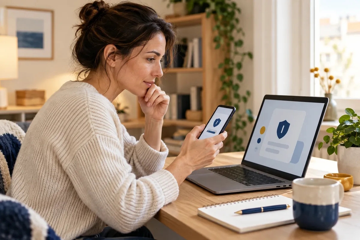 Une personne examine une alerte de sécurité sur ses appareils sans montrer de mot de passe.