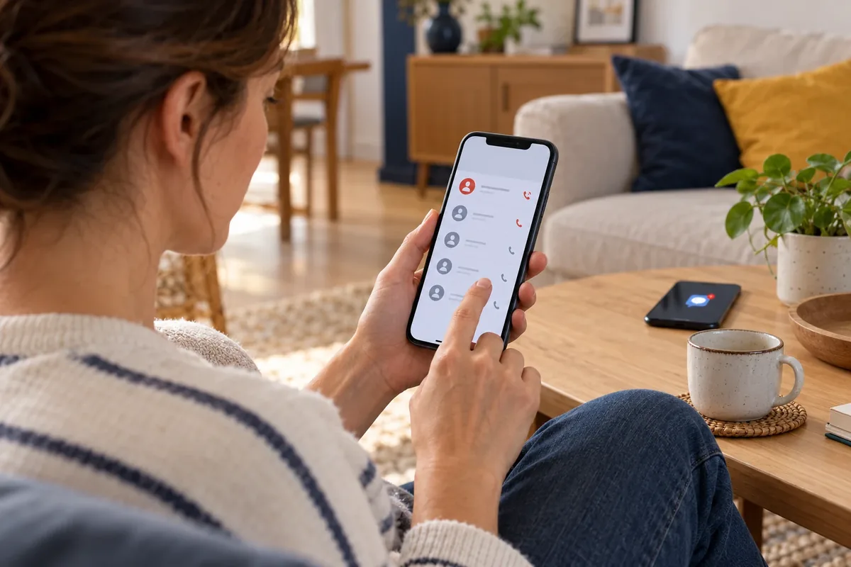 Une personne examine les appels indésirables reçus sur son smartphone. depuis son canapé.