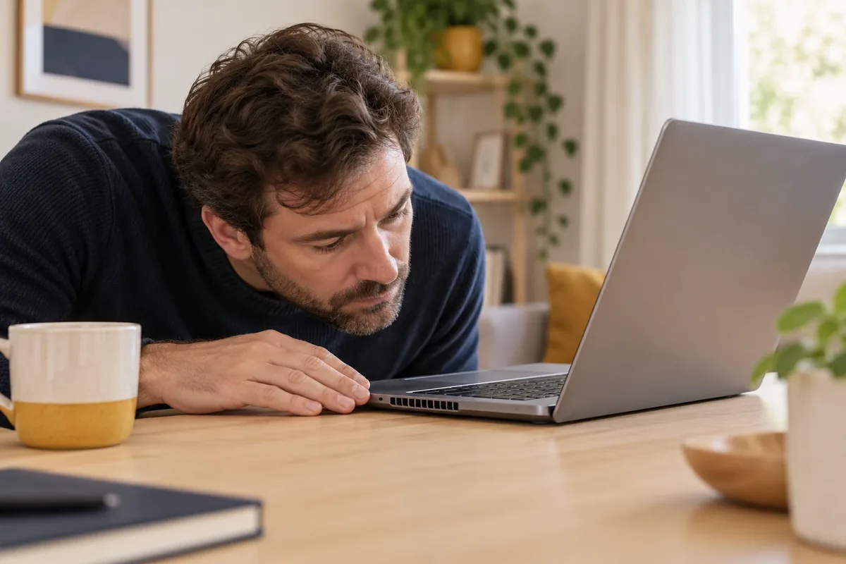 Une personne observe les grilles de ventilation de son ordinateur portable. sur une table.