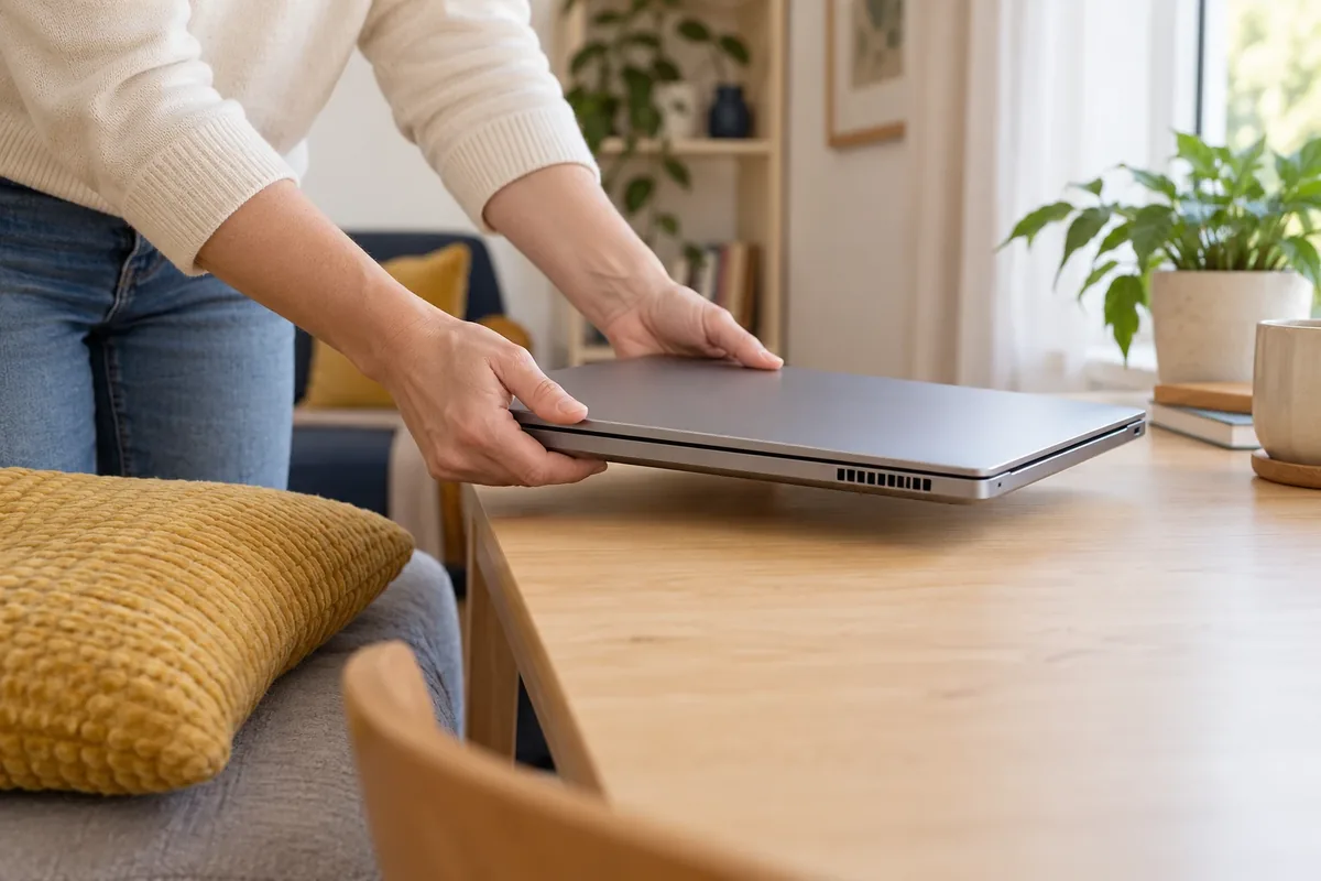 Un ordinateur portable est déplacé d’un coussin vers une table stable et dégagée.