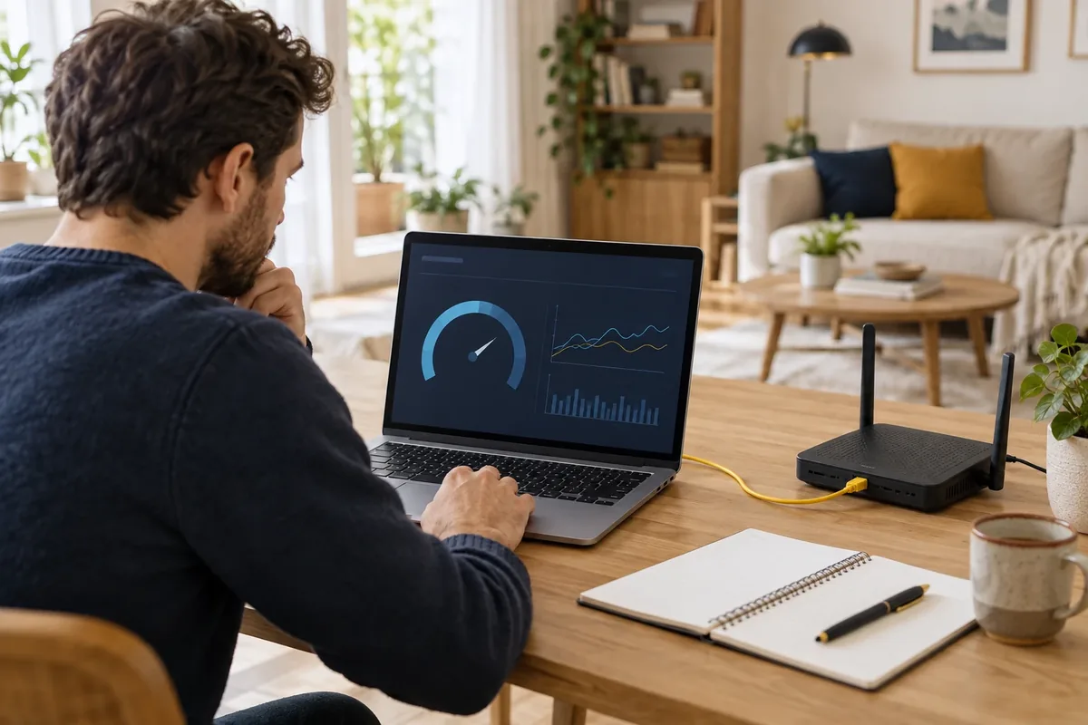 Une personne mesure sa connexion Internet depuis un ordinateur relié à sa box. à domicile.