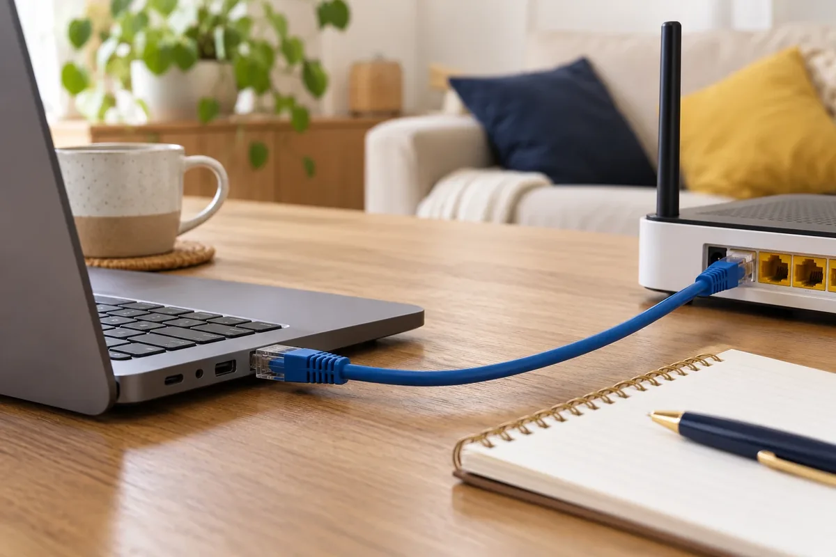 Un câble Ethernet relie un ordinateur à une box pour comparer le débit. sur la table.