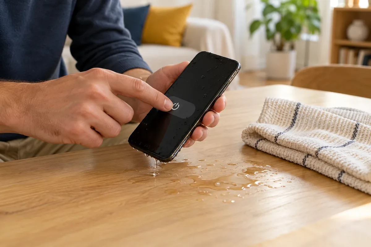 Une personne retire de l’eau un téléphone débranché avant de l’éteindre. sur une table en bois.
