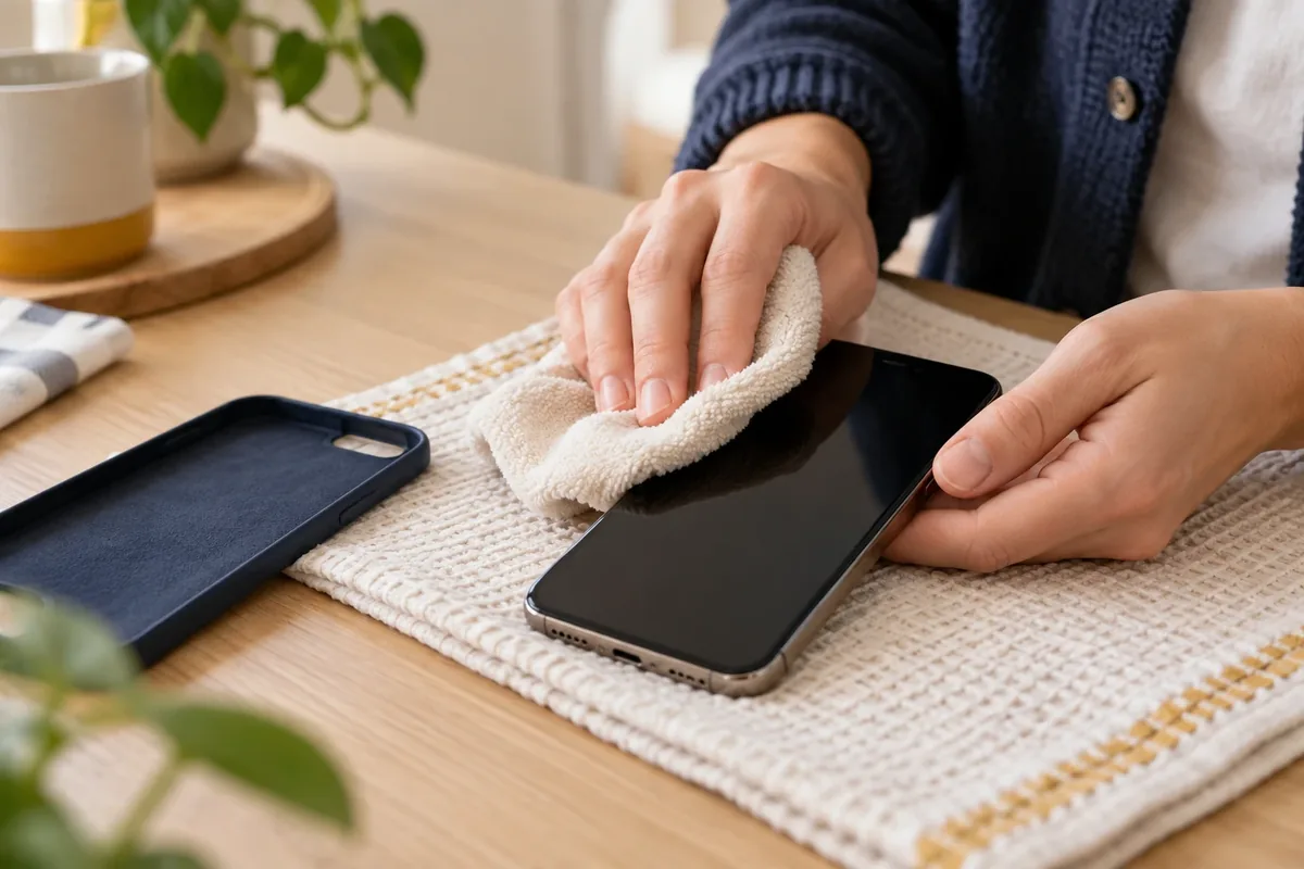 Une personne tamponne doucement l’extérieur d’un téléphone éteint avec un chiffon.