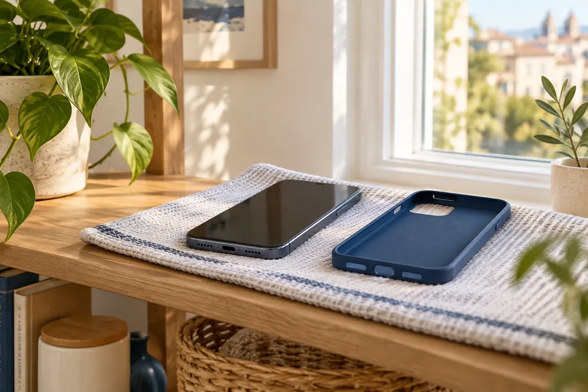 Un téléphone éteint repose avec sa coque séparée dans un endroit sec et ventilé.