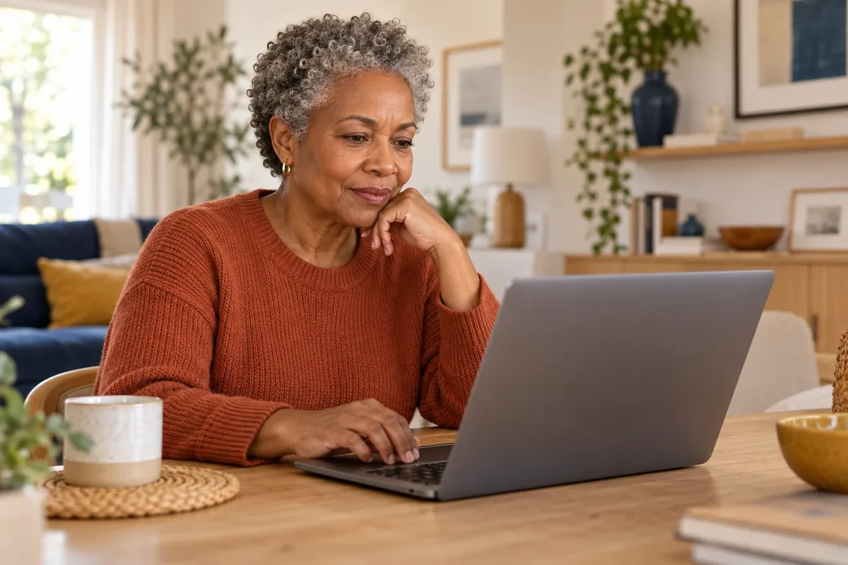 Une femme examine sur son ordinateur une ancienne information personnelle publiée en ligne.