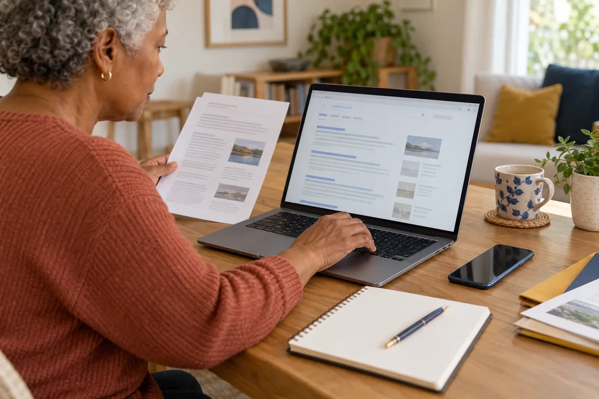 Une femme rassemble des captures et des notes avant de demander la suppression de données.