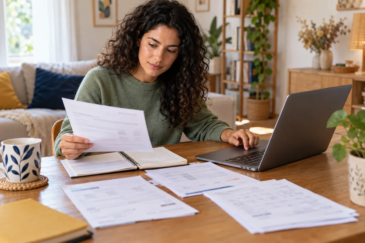 Une femme compare un prélèvement avec ses factures et ses notes. sur une table claire.