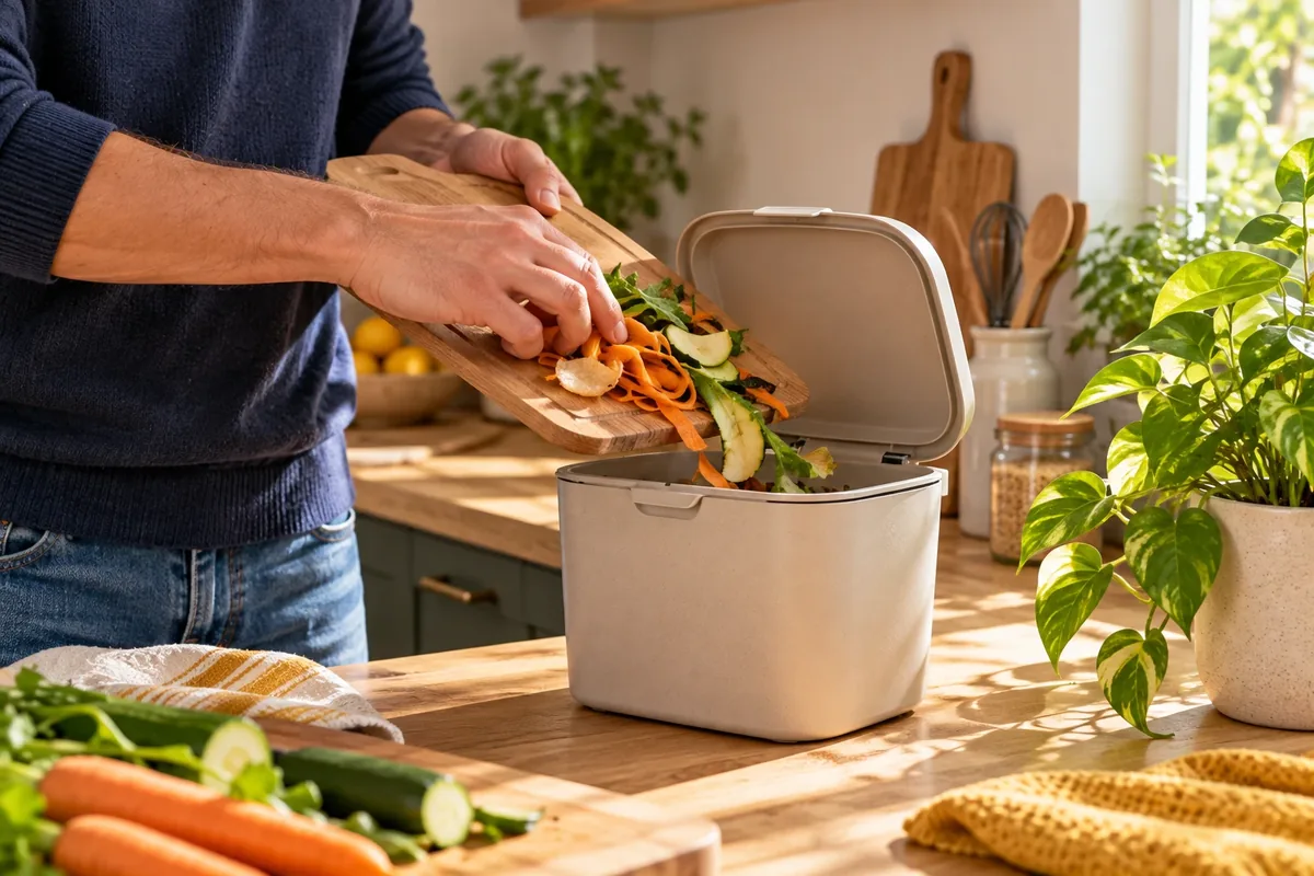 Petit contenant fermé pour trier les biodéchets dans une cuisine d'appartement