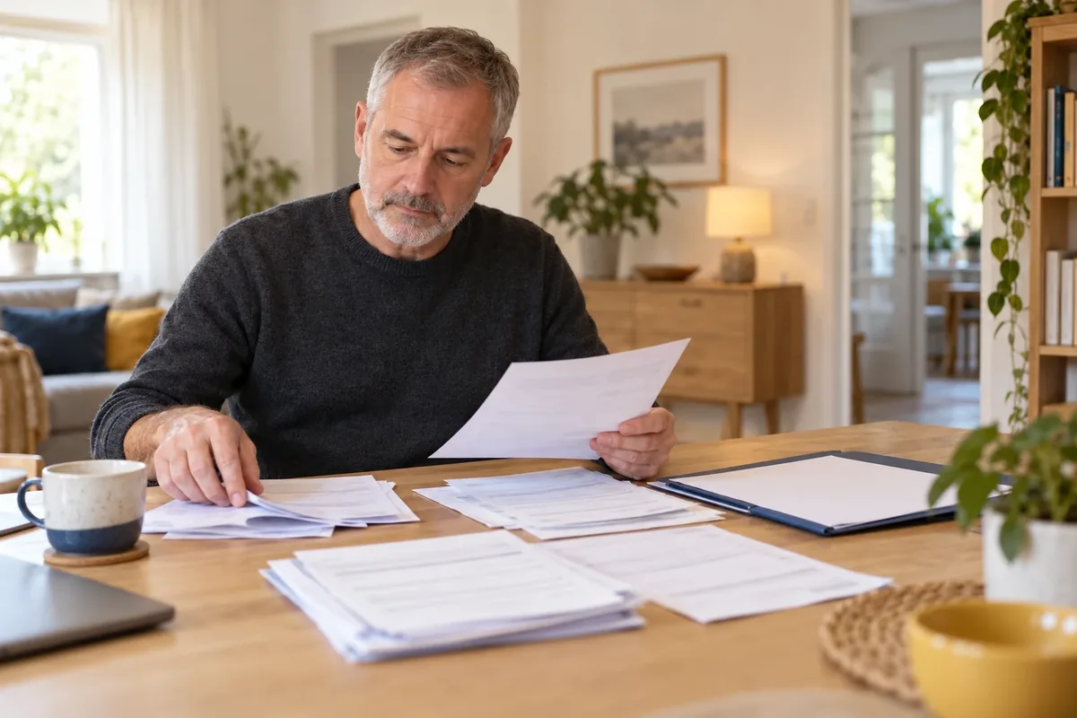 Un homme classe ses documents pour préparer un dossier de surendettement. sur une table.