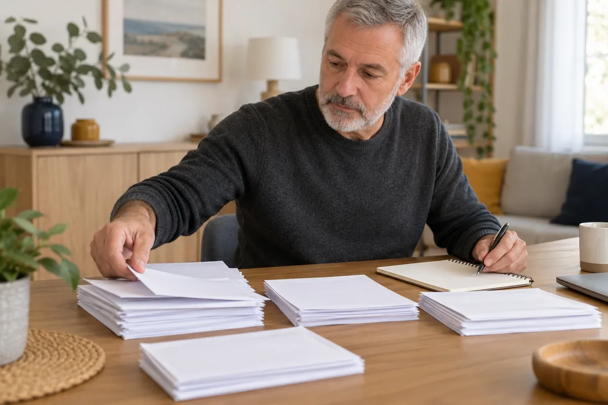 Un homme trie revenus, charges et dettes avec leurs justificatifs. sur son bureau.