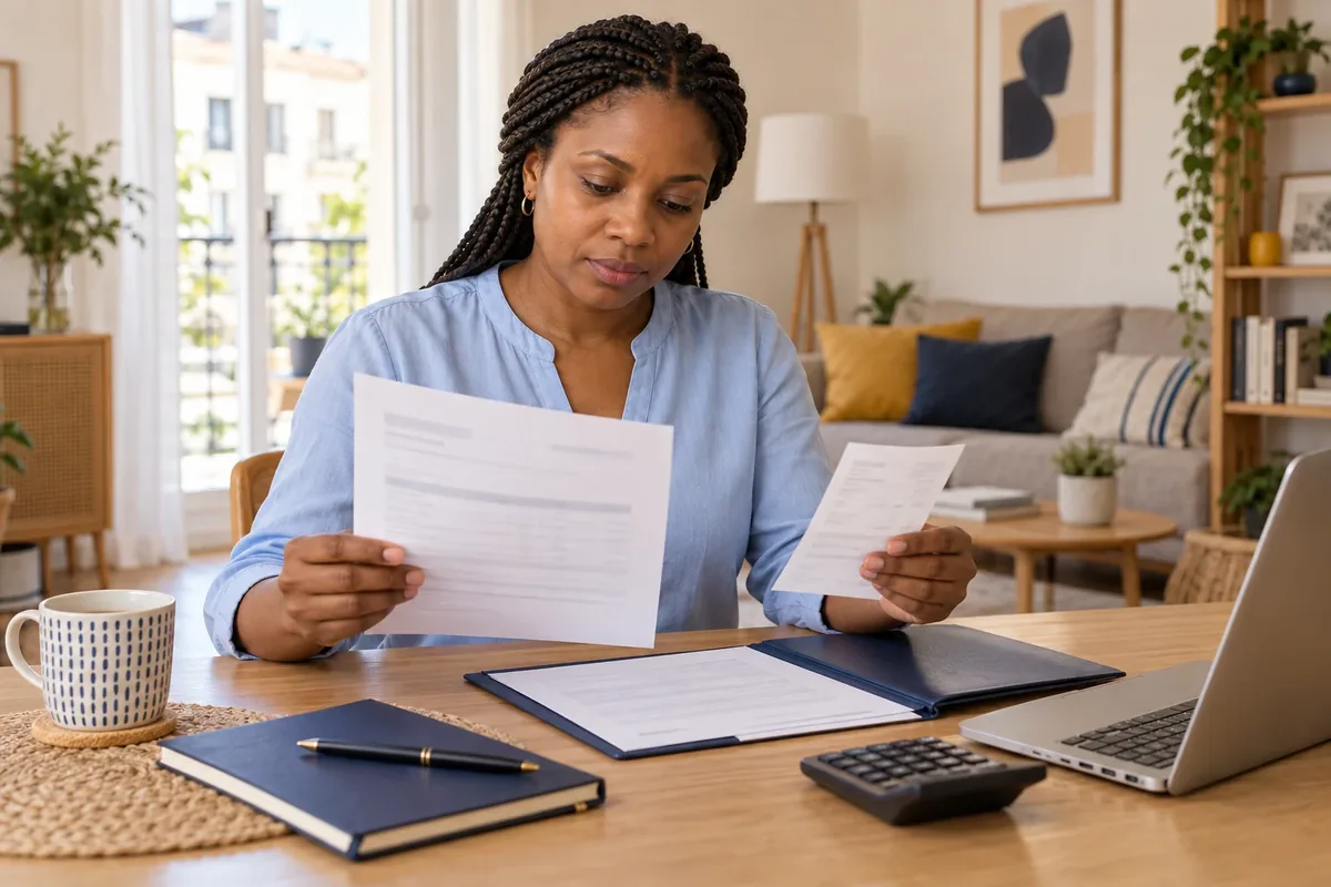 Une femme compare son bail à une quittance pour vérifier son loyer. à sa table de travail.