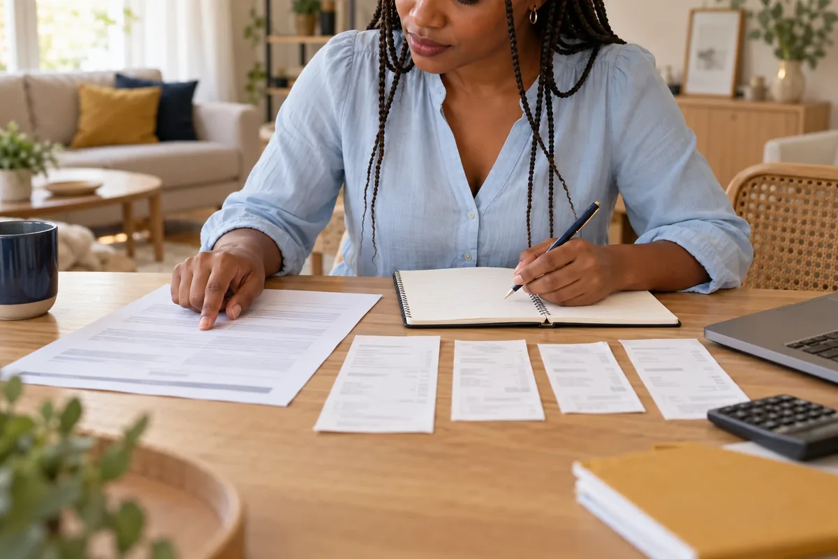 Une femme compare séparément les lignes du bail et des quittances. posés sur la table.