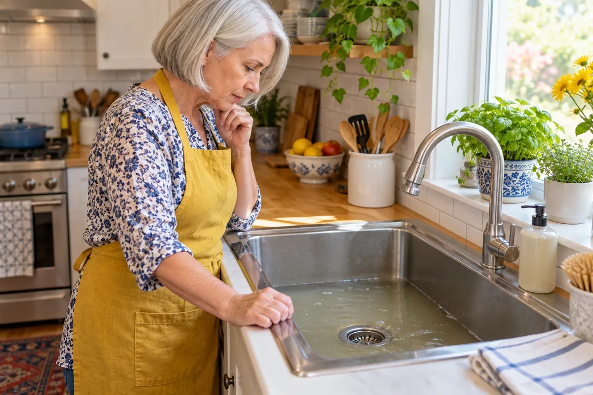Une femme âgée en tablier jaune observe l’eau stagnante dans l’évier de sa cuisine lumineuse.