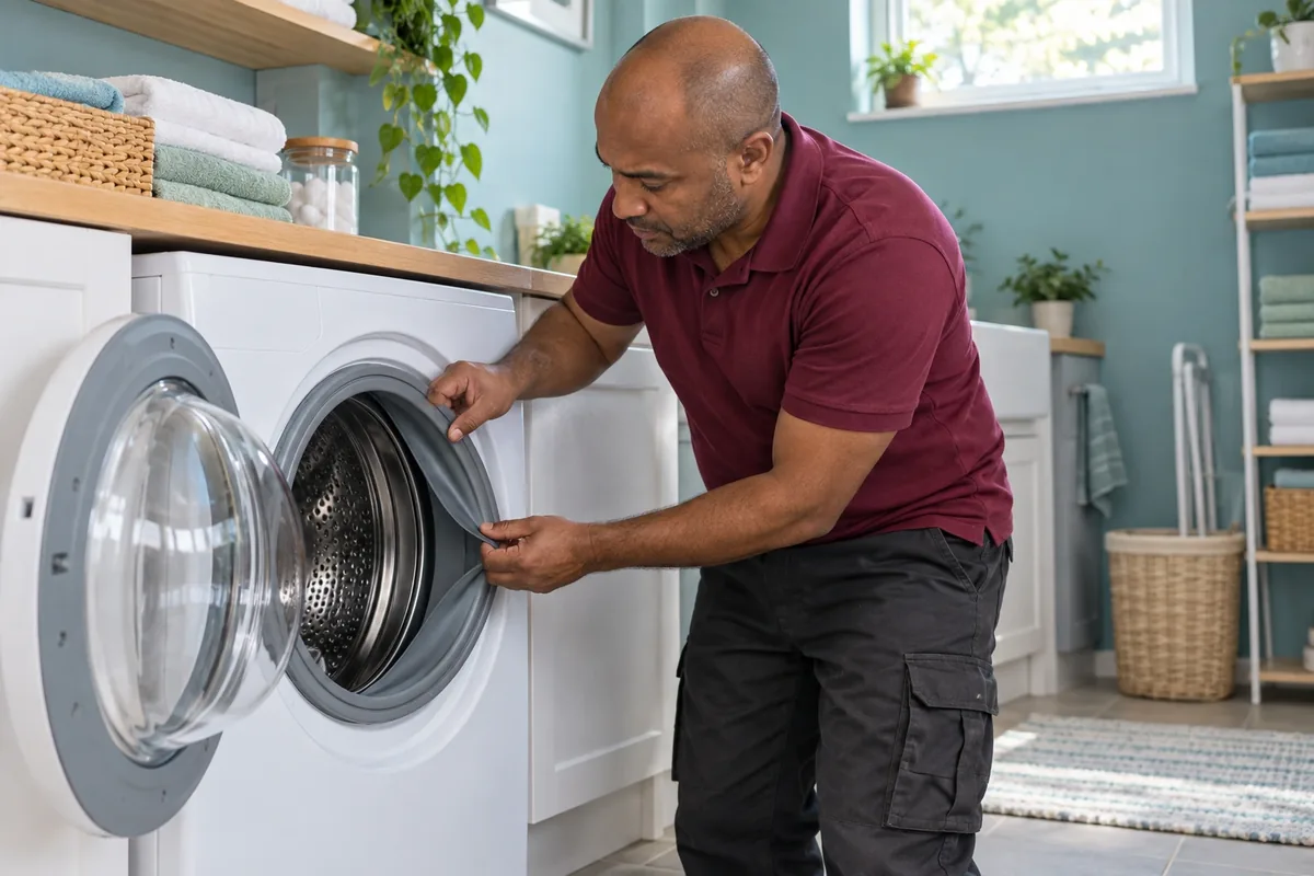 Un homme en polo bordeaux inspecte le joint d’un lave-linge ouvert dans une buanderie bleu-vert.