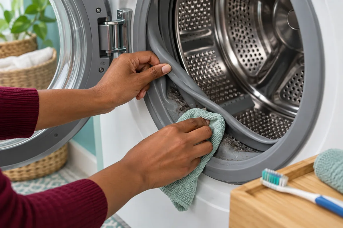 Deux mains écartent le joint gris d’un lave-linge et retirent les fibres accumulées avec un chiffon.