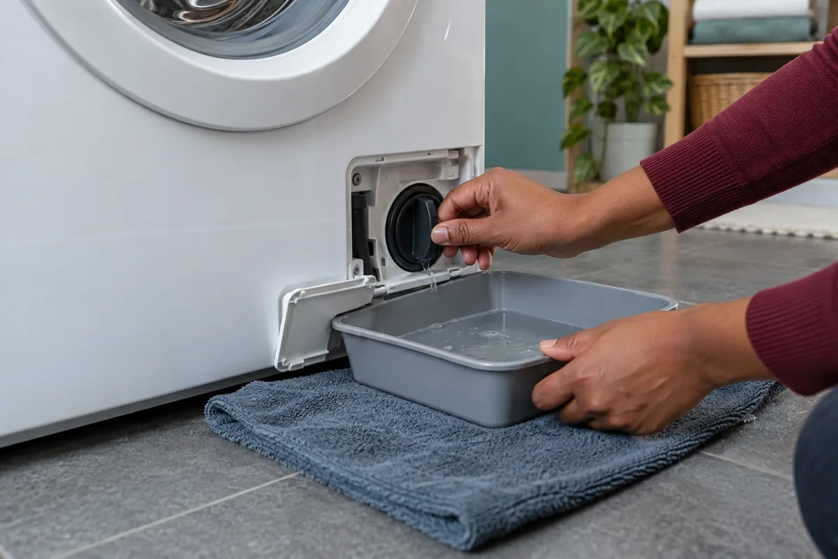 Des mains ouvrent lentement le filtre d’un lave-linge au-dessus d’un bac posé sur une serviette.